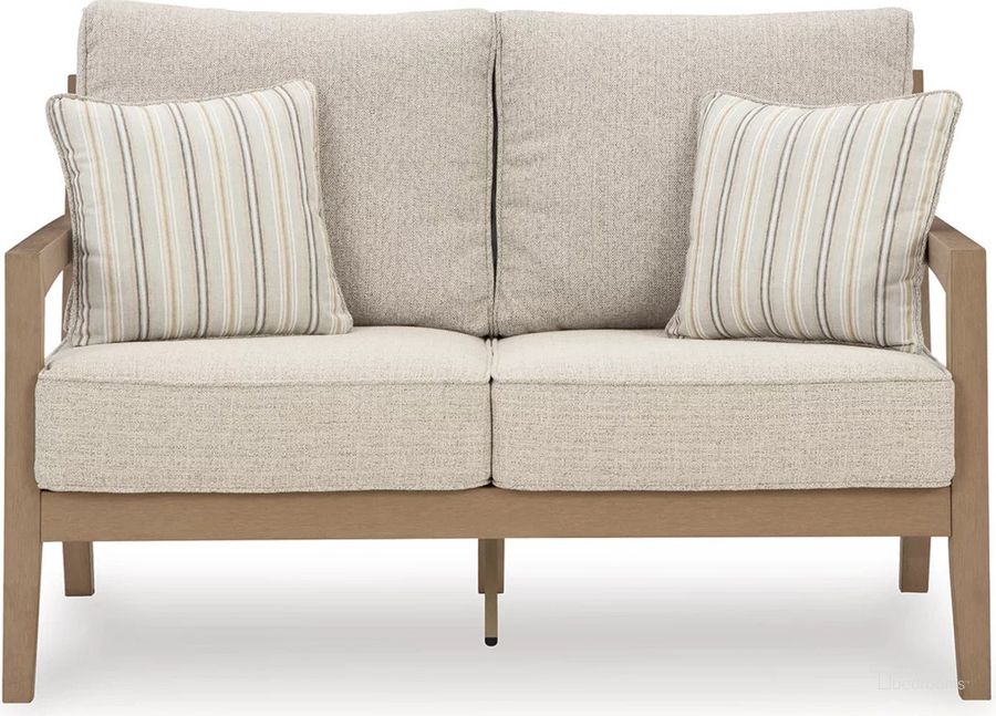 The appearance of Hallow Creek Driftwood Outdoor Loveseat With Cushion designed by Signature Design by Ashley in the modern / contemporary interior design. This driftwood piece of furniture  was selected by 1StopBedrooms from Hallow Creek Collection to add a touch of cosiness and style into your home. Sku: P560-835. Material: Fabric. Product Type: Outdoor Loveseat. Image1