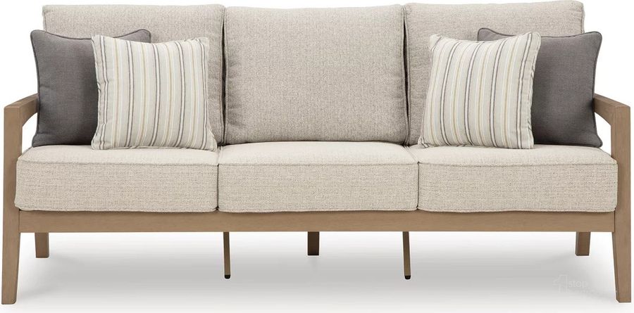 The appearance of Hallow Creek Driftwood Outdoor Sofa With Cushion designed by Signature Design by Ashley in the modern / contemporary interior design. This driftwood piece of furniture  was selected by 1StopBedrooms from Hallow Creek Collection to add a touch of cosiness and style into your home. Sku: P560-838. Material: Fabric. Product Type: Outdoor Sofa. Image1