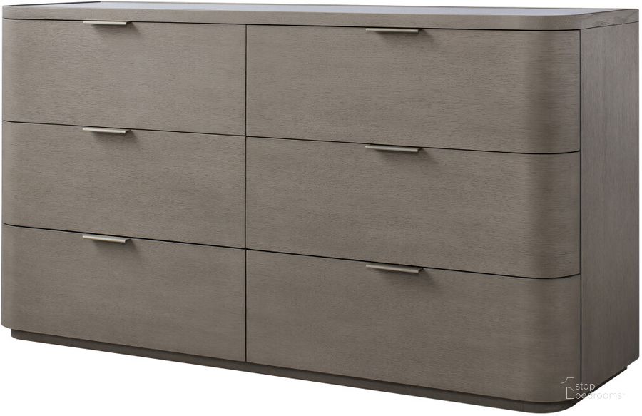 The appearance of Hampstead 6 Drawer Dresser In Smoked Oak designed by Sonder Living in the modern / contemporary interior design. This grey and silver piece of furniture  was selected by 1StopBedrooms from Hampstead Collection to add a touch of cosiness and style into your home. Sku: FG1904009. Product Type: Dresser. Material: MDF. Image1