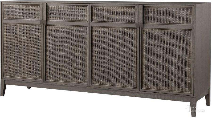 The appearance of Hampstead Rattan 4-Door Sideboard In Smoked Oak designed by Sonder Living in the modern / contemporary interior design. This grey and silver piece of furniture  was selected by 1StopBedrooms from Hampstead Collection to add a touch of cosiness and style into your home. Sku: FG1904006. Product Type: Sideboard. Material: MDF. Image1