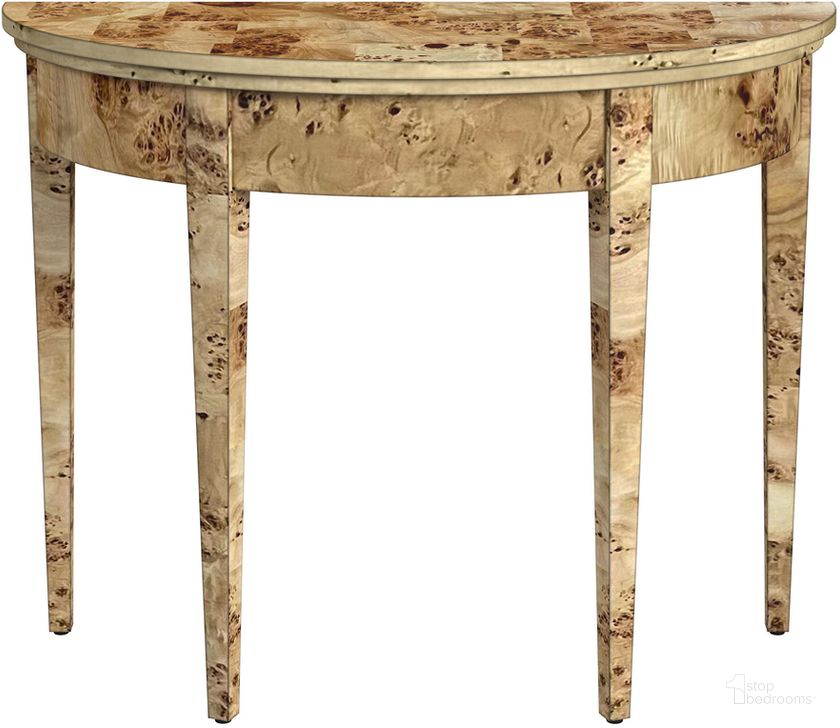 The appearance of Hampton Demilune Light Burl 36 Inch Console Table In Light Brown designed by Butler Specialty Company in the traditional interior design. This light brown piece of furniture  was selected by 1StopBedrooms from Hampton Collection to add a touch of cosiness and style into your home. Sku: 1533443. Product Type: Console Table. Material: Rubberwood. Image1