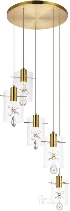 The appearance of Hana 5 Lights Gold Pendant 5202D19G designed by Elegant Lighting in the transitional interior design. This gold piece of furniture  was selected by 1StopBedrooms from Hana Collection to add a touch of cosiness and style into your home. Sku: 5202D19G. Material: Metal. Product Type: Pendant Lighting. Image1
