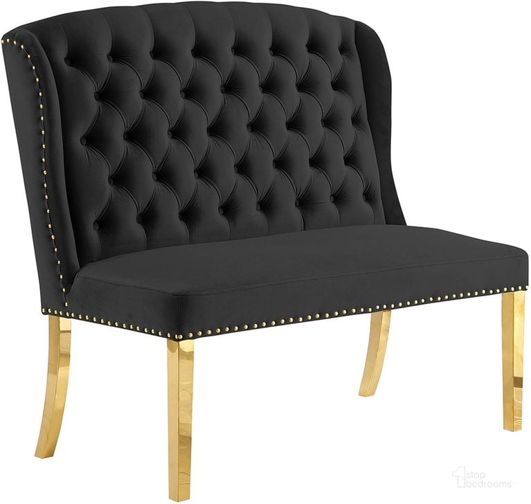 The appearance of Hana Black Velvet Dining Bench Solid Back In Gold designed by Best Master Furniture in the cabin / lodge interior design. This black piece of furniture  was selected by 1StopBedrooms from Hana Collection to add a touch of cosiness and style into your home. Sku: Y784BBLKG. Product Type: Dining Bench. Material: Velvet. Image1