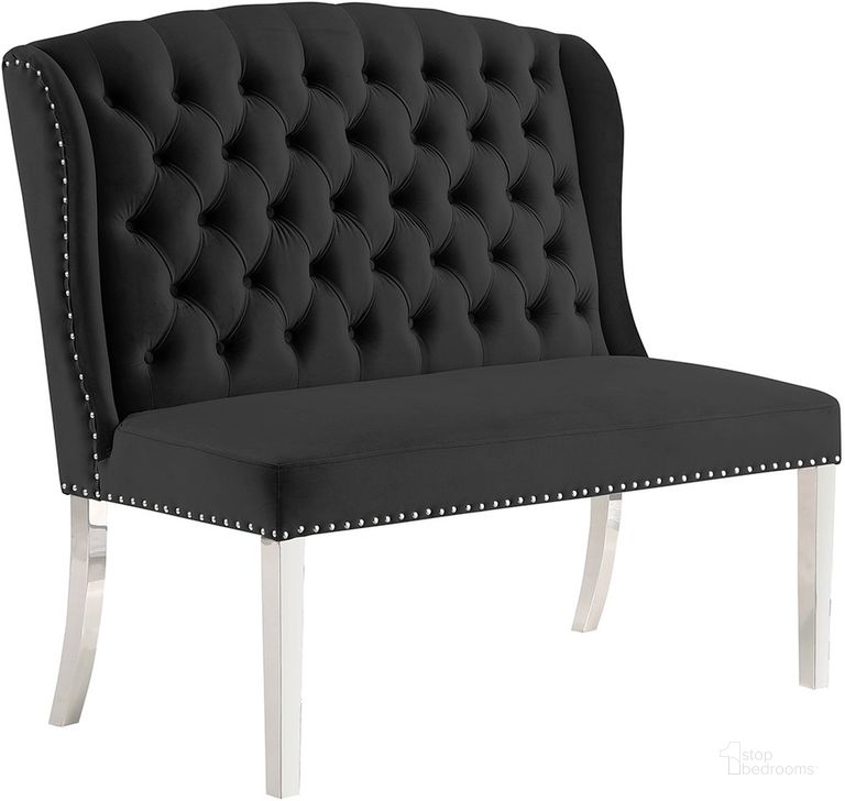 The appearance of Hana Black Velvet Dining Bench Solid Back In Silver designed by Best Master Furniture in the cabin / lodge interior design. This black piece of furniture  was selected by 1StopBedrooms from Hana Collection to add a touch of cosiness and style into your home. Sku: Y784BBLK. Product Type: Dining Bench. Material: Velvet. Image1