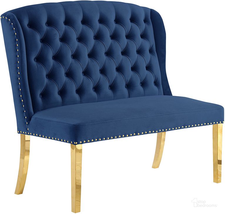 The appearance of Hana Blue Velvet Dining Bench Solid Back In Gold designed by Best Master Furniture in the cabin / lodge interior design. This blue piece of furniture  was selected by 1StopBedrooms from Hana Collection to add a touch of cosiness and style into your home. Sku: Y784BBLG. Product Type: Dining Bench. Material: Velvet. Image1
