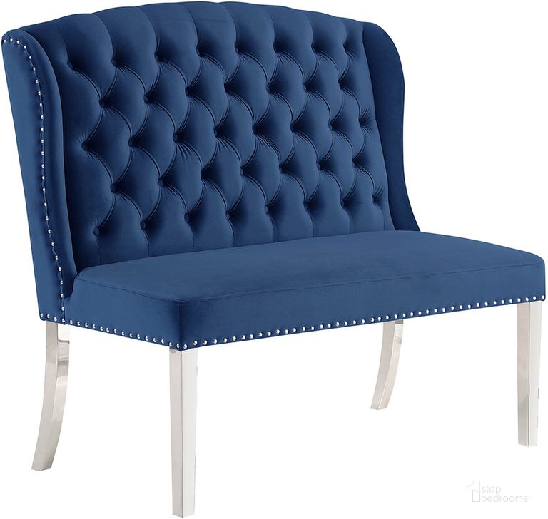 The appearance of Hana Blue Velvet Dining Bench Solid Back In Silver designed by Best Master Furniture in the cabin / lodge interior design. This blue piece of furniture  was selected by 1StopBedrooms from Hana Collection to add a touch of cosiness and style into your home. Sku: Y784BBL. Product Type: Dining Bench. Material: Velvet. Image1