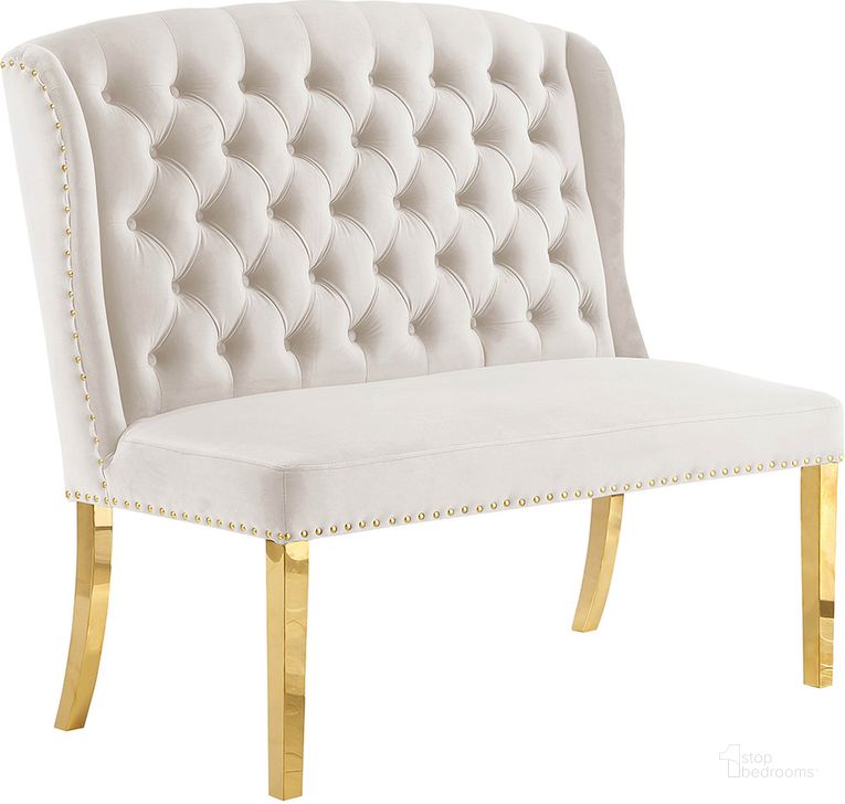 The appearance of Hana Cream Velvet Dining Bench Solid Back In Gold designed by Best Master Furniture in the cabin / lodge interior design. This cream piece of furniture  was selected by 1StopBedrooms from Hana Collection to add a touch of cosiness and style into your home. Sku: Y784BCRG. Product Type: Dining Bench. Material: Velvet. Image1