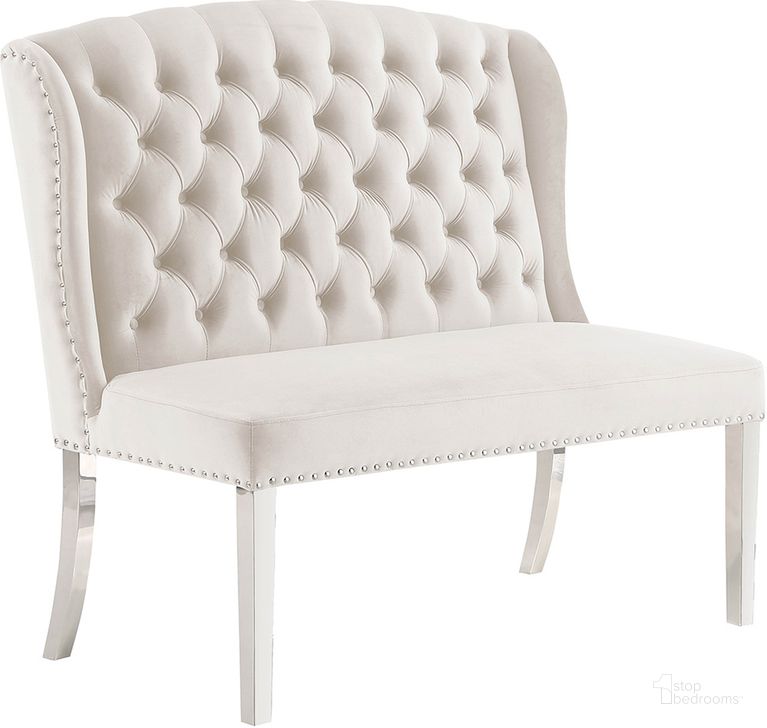 The appearance of Hana Cream Velvet Dining Bench Solid Back In Silver designed by Best Master Furniture in the cabin / lodge interior design. This cream piece of furniture  was selected by 1StopBedrooms from Hana Collection to add a touch of cosiness and style into your home. Sku: Y784BCR. Product Type: Dining Bench. Material: Velvet. Image1