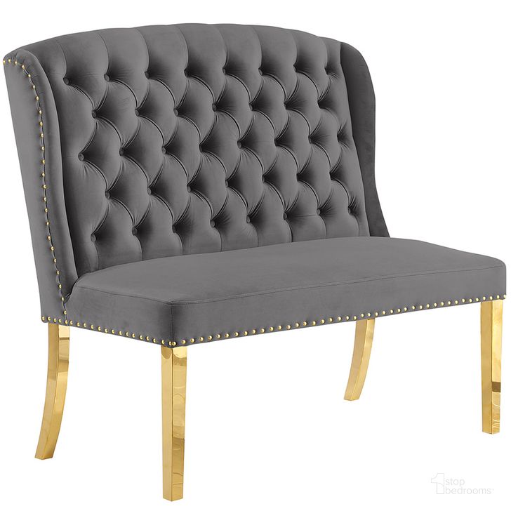 The appearance of Hana Gray Velvet Dining Bench Solid Back In Gold designed by Best Master Furniture in the cabin / lodge interior design. This gray piece of furniture  was selected by 1StopBedrooms from Hana Collection to add a touch of cosiness and style into your home. Sku: Y784BGG. Product Type: Dining Bench. Material: Velvet. Image1