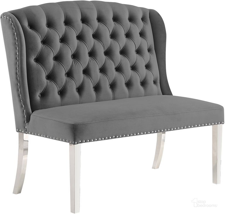 The appearance of Hana Gray Velvet Dining Bench Solid Back In Silver designed by Best Master Furniture in the cabin / lodge interior design. This gray piece of furniture  was selected by 1StopBedrooms from Hana Collection to add a touch of cosiness and style into your home. Sku: Y784BG. Product Type: Dining Bench. Material: Velvet. Image1