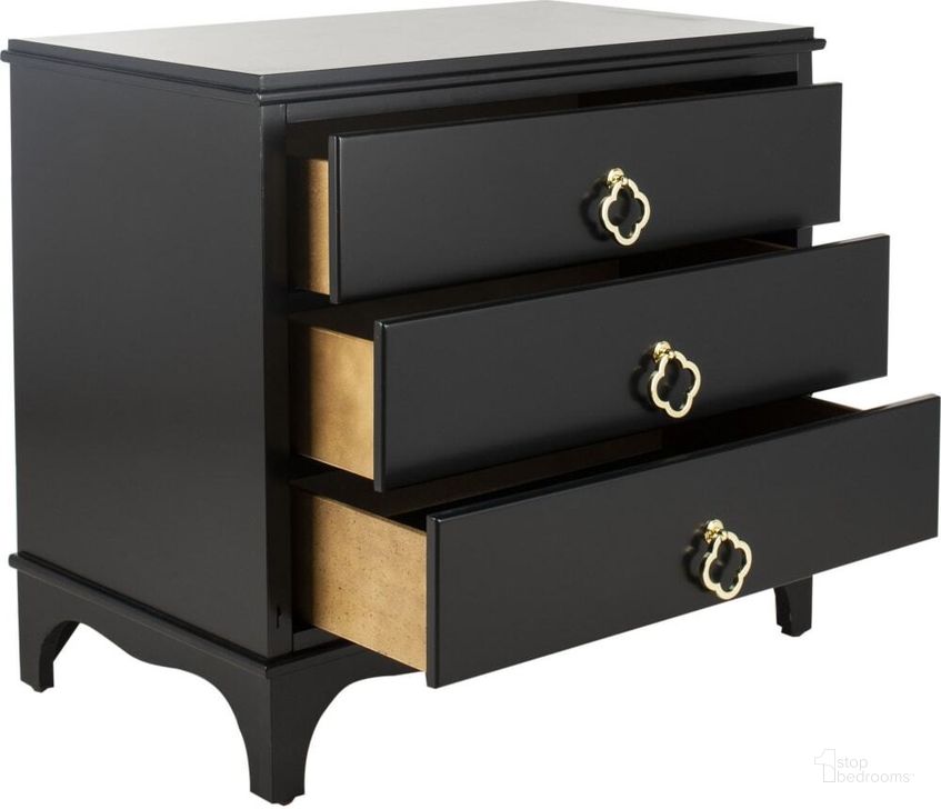 The appearance of Hannon Black 3 Drawer Contemporary Nightstand designed by Safavieh in the modern / contemporary interior design. This brass and black piece of furniture  was selected by 1StopBedrooms from Hannon Collection to add a touch of cosiness and style into your home. Sku: FOX6306B. Product Type: Nightstand. Material: Brass. Image1