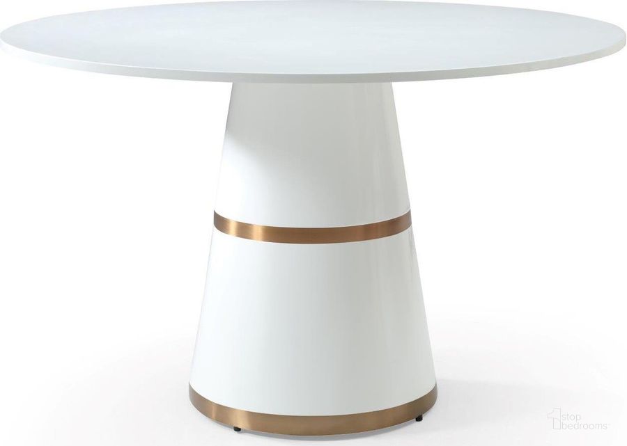The appearance of Hans White Dining Table designed by Meridian in the modern / contemporary interior design. This white piece of furniture  was selected by 1StopBedrooms from Hans Collection to add a touch of cosiness and style into your home. Sku: 813-T-1;813-T-2. Table Base Style: Pedestal. Table Top Shape: Round. Material: Wood. Product Type: Dining Table. Image1