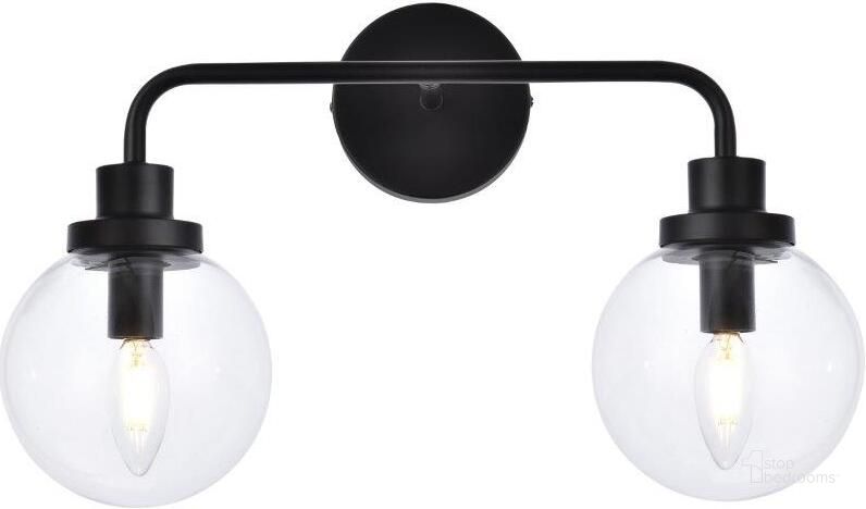 The appearance of Hanson 2 Lights Bath Sconce In Black With Clear Shade designed by Elegant Lighting in the transitional interior design. This black piece of furniture  was selected by 1StopBedrooms from Hanson Collection to add a touch of cosiness and style into your home. Sku: LD7033W19BK. Material: Metal. Product Type: Vanity Light. Image1