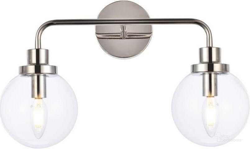 The appearance of Hanson 2 Lights Bath Sconce In Polished Nickel With Clear Shade designed by Elegant Lighting in the transitional interior design. This nickel piece of furniture  was selected by 1StopBedrooms from Hanson Collection to add a touch of cosiness and style into your home. Sku: LD7033W19PN. Material: Metal. Product Type: Vanity Light. Image1