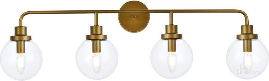 The appearance of Hanson 4 Lights Bath Sconce In Brass With Clear Shade designed by Elegant Lighting in the transitional interior design. This brass piece of furniture  was selected by 1StopBedrooms from Hanson Collection to add a touch of cosiness and style into your home. Sku: LD7037W38BR. Material: Metal. Product Type: Vanity Light. Image1