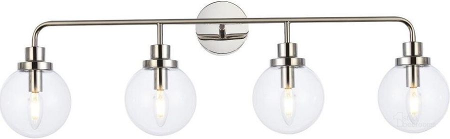 The appearance of Hanson 4 Lights Bath Sconce In Polished Nickel With Clear Shade designed by Elegant Lighting in the transitional interior design. This nickel piece of furniture  was selected by 1StopBedrooms from Hanson Collection to add a touch of cosiness and style into your home. Sku: LD7037W38PN. Material: Metal. Product Type: Vanity Light. Image1