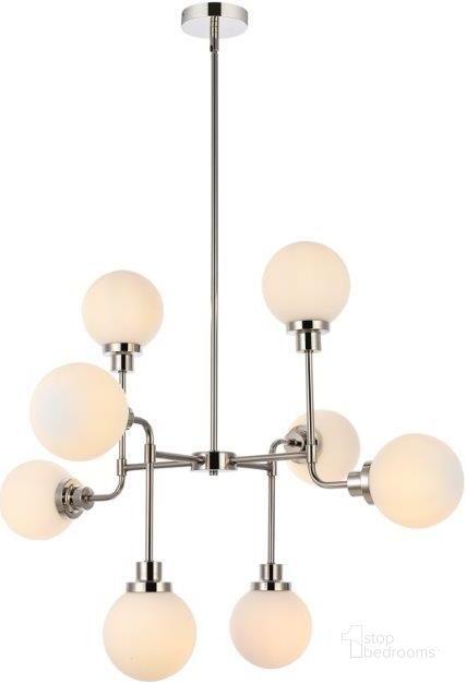 The appearance of Hanson 8 Lights Pendant In Polished Nickel With Frosted Shade designed by Elegant Lighting in the transitional interior design. This nickel piece of furniture  was selected by 1StopBedrooms from Hanson Collection to add a touch of cosiness and style into your home. Sku: LD7038D36PN. Material: Metal. Product Type: Pendant Lighting. Image1