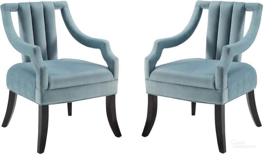 The appearance of Harken Accent Chair Performance Velvet Set of 2 In Light Blue designed by Modway in the rustic / southwestern interior design. This light blue piece of furniture  was selected by 1StopBedrooms from Harken Collection to add a touch of cosiness and style into your home. Sku: EEI-4429-LBU. Material: Polyester. Product Type: Accent Chair. Image1