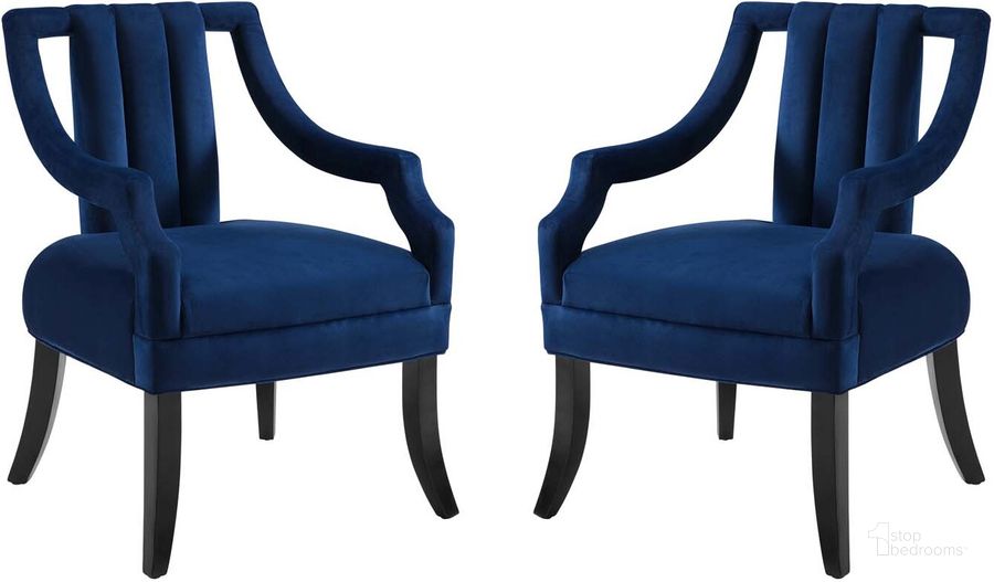 The appearance of Harken Accent Chair Performance Velvet Set of 2 EEI-4429-NAV designed by Modway in the modern / contemporary interior design. This navy piece of furniture  was selected by 1StopBedrooms from Harken Collection to add a touch of cosiness and style into your home. Sku: EEI-4429-NAV. Material: Wood. Product Type: Accent Chair. Image1