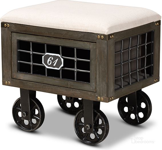 The appearance of Harley Transitional Rustic Farmhouse Beige Fabric Upholstered Antique Distressed Wood And Black Metal 1-Drawer Wheeled Storage Ottoman designed by Baxton Studio in the transitional interior design. This beige piece of furniture  was selected by 1StopBedrooms from Harley Collection to add a touch of cosiness and style into your home. Sku: JY19A415-Beige-Rustic-Otto. Material: Wood. Product Type: Ottoman. Image1