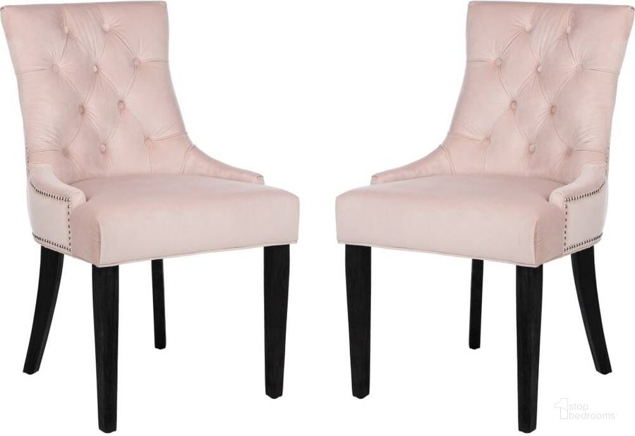The appearance of Harlow Blush Pink and Espresso 19 Inch H Tufted Ring Chair - Silver Nail Heads Set of 2 designed by Safavieh in the glam interior design. This blush piece of furniture  was selected by 1StopBedrooms from Harlow Collection to add a touch of cosiness and style into your home. Sku: MCR4716F-SET2. Product Type: Dining Chair. Material: Stainless Steel. Image1