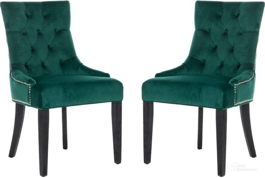 The appearance of Harlow Emerald and Espresso 19 Inch H Tufted Ring Chair - Silver Nail Heads Set of 2 designed by Safavieh in the glam interior design. This emerald piece of furniture  was selected by 1StopBedrooms from Harlow Collection to add a touch of cosiness and style into your home. Sku: MCR4716G-SET2. Product Type: Dining Chair. Material: Stainless Steel. Image1
