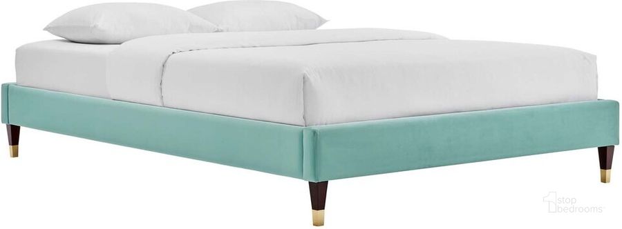 The appearance of Harlow Full Performance Velvet Platform Bed Frame In Mint designed by Modway in the modern / contemporary interior design. This mint piece of furniture  was selected by 1StopBedrooms from Harlow Collection to add a touch of cosiness and style into your home. Sku: MOD-6269-MIN. Product Type: Bed Frame. Bed Size: Full. Material: MDF. Image1