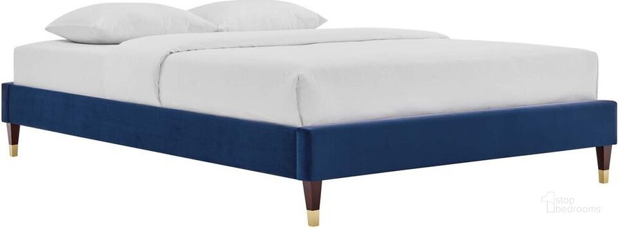 The appearance of Harlow Full Performance Velvet Platform Bed Frame In Navy designed by Modway in the modern / contemporary interior design. This navy piece of furniture  was selected by 1StopBedrooms from Harlow Collection to add a touch of cosiness and style into your home. Sku: MOD-6269-NAV. Product Type: Bed Frame. Bed Size: Full. Material: MDF. Image1