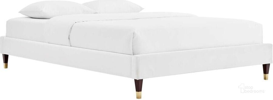 The appearance of Harlow King Performance Velvet Platform Bed Frame In White designed by Modway in the modern / contemporary interior design. This white piece of furniture  was selected by 1StopBedrooms from Harlow Collection to add a touch of cosiness and style into your home. Sku: MOD-6271-WHI. Product Type: Bed Frame. Bed Size: King. Material: MDF. Image1