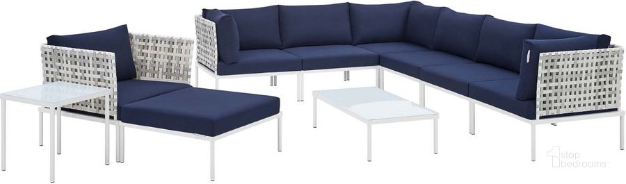 The appearance of Harmony 10-Piece Sunbrella Basket Weave Outdoor Patio Aluminum Sectional Sofa Set In Navy EEI-4950-TAU-NAV-SET designed by Modway in the modern / contemporary interior design. This dark blue piece of furniture  was selected by 1StopBedrooms from Harmony Collection to add a touch of cosiness and style into your home. Sku: EEI-4950-TAU-NAV-SET. Material: Polyester. Product Type: Outdoor Sectional. Layout: L-Shape. Image1