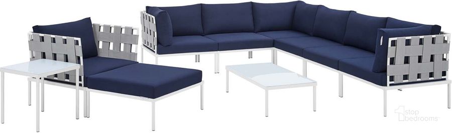 The appearance of Harmony 10-Piece Sunbrella Outdoor Patio Aluminum Sectional Sofa Set In Gray Navy designed by Modway in the modern / contemporary interior design. This gray navy piece of furniture  was selected by 1StopBedrooms from Harmony Collection to add a touch of cosiness and style into your home. Sku: EEI-4953-GRY-NAV-SET. Material: Polyester. Product Type: Outdoor Sectional. Layout: L-Shape. Image1
