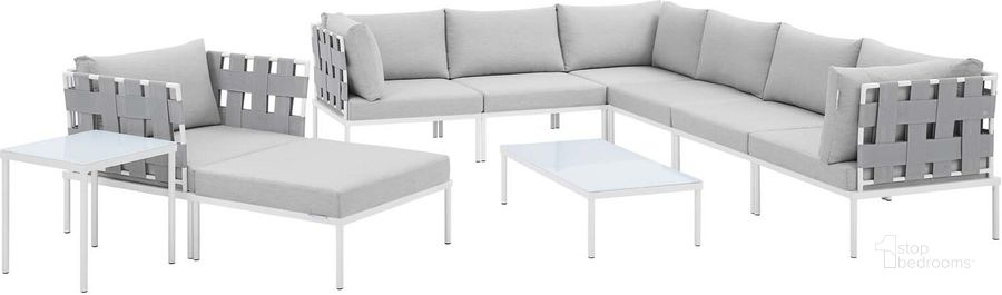 The appearance of Harmony 10-Piece Sunbrella Outdoor Patio Aluminum Sectional Sofa Set In Gray designed by Modway in the modern / contemporary interior design. This gray piece of furniture  was selected by 1StopBedrooms from Harmony Collection to add a touch of cosiness and style into your home. Sku: EEI-4953-GRY-GRY-SET. Material: Polyester. Product Type: Outdoor Sectional. Layout: L-Shape. Image1