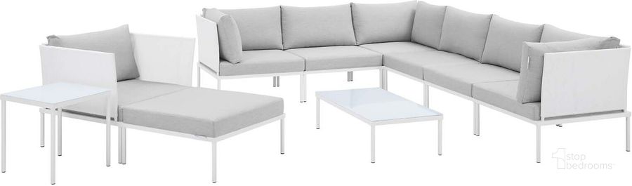 The appearance of Harmony 10-Piece Sunbrella Outdoor Patio Aluminum Sectional Sofa Set In White and Gray designed by Modway in the modern / contemporary interior design. This white and gray piece of furniture  was selected by 1StopBedrooms from Harmony Collection to add a touch of cosiness and style into your home. Sku: EEI-4952-WHI-GRY-SET. Material: Polyester. Product Type: Outdoor Sectional. Layout: L-Shape. Image1