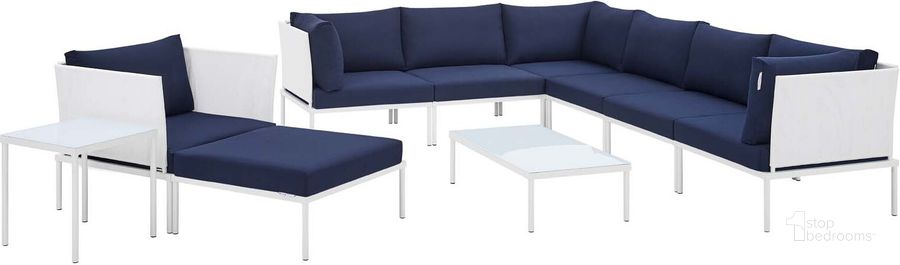 The appearance of Harmony 10-Piece Sunbrella Outdoor Patio Aluminum Sectional Sofa Set In White Navy designed by Modway in the modern / contemporary interior design. This white navy piece of furniture  was selected by 1StopBedrooms from Harmony Collection to add a touch of cosiness and style into your home. Sku: EEI-4952-WHI-NAV-SET. Material: Polyester. Product Type: Outdoor Sectional. Layout: L-Shape. Image1