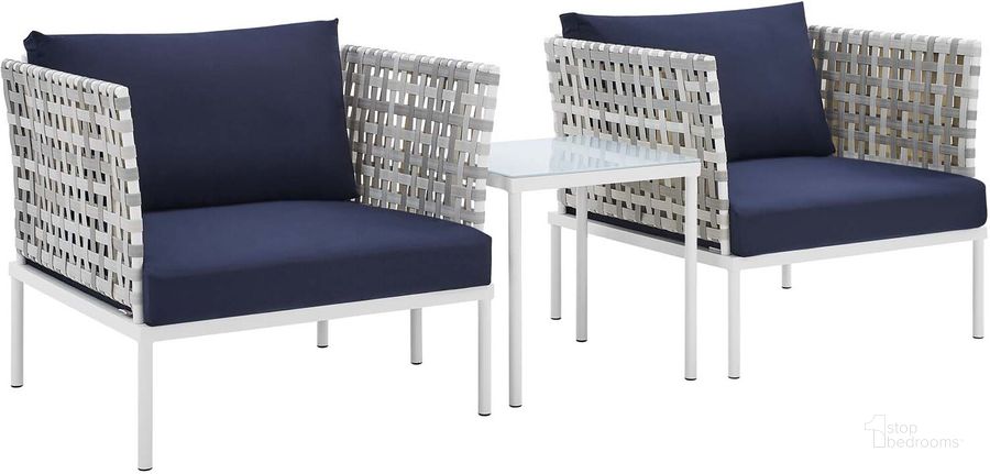 The appearance of Harmony 3-Piece Sunbrella Basket Weave Outdoor Patio Aluminum Seating Set In Navy EEI-4684-TAU-NAV-SET designed by Modway in the modern / contemporary interior design. This navy piece of furniture  was selected by 1StopBedrooms from Harmony Collection to add a touch of cosiness and style into your home. Sku: EEI-4684-TAU-NAV-SET. Material: Polyester. Product Type: Outdoor Conversation Set. Image1