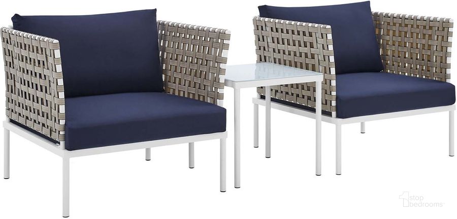 The appearance of Harmony 3-Piece Sunbrella Basket Weave Outdoor Patio Aluminum Seating Set In Navy designed by Modway in the modern / contemporary interior design. This dark blue piece of furniture  was selected by 1StopBedrooms from Harmony Collection to add a touch of cosiness and style into your home. Sku: EEI-4685-TAN-NAV-SET. Material: Polyester. Product Type: Outdoor Conversation Set. Image1