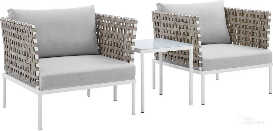 The appearance of Harmony 3-Piece Sunbrella Basket Weave Outdoor Patio Aluminum Seating Set In Tan designed by Modway in the modern / contemporary interior design. This tan piece of furniture  was selected by 1StopBedrooms from Harmony Collection to add a touch of cosiness and style into your home. Sku: EEI-4685-TAN-GRY-SET. Material: Polyester. Product Type: Outdoor Conversation Set. Image1