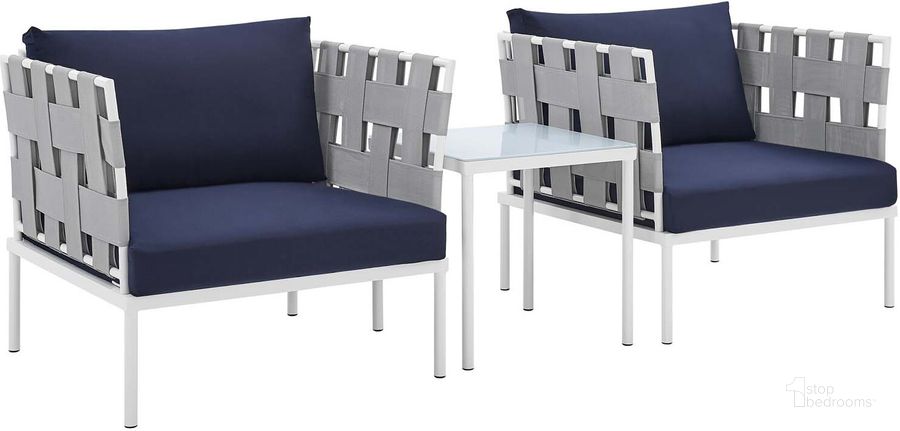 The appearance of Harmony 3-Piece Sunbrella Outdoor Patio Aluminum Seating Set In Gray Navy designed by Modway in the modern / contemporary interior design. This gray navy piece of furniture  was selected by 1StopBedrooms from Harmony Collection to add a touch of cosiness and style into your home. Sku: EEI-4687-GRY-NAV-SET. Material: Polyester. Product Type: Outdoor Conversation Set. Image1