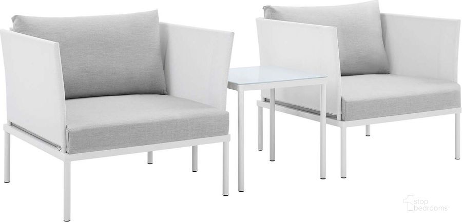 The appearance of Harmony 3-Piece Sunbrella Outdoor Patio Aluminum Seating Set In White and Gray designed by Modway in the modern / contemporary interior design. This white and gray piece of furniture  was selected by 1StopBedrooms from Harmony Collection to add a touch of cosiness and style into your home. Sku: EEI-4686-WHI-GRY-SET. Material: Polyester. Product Type: Outdoor Conversation Set. Image1