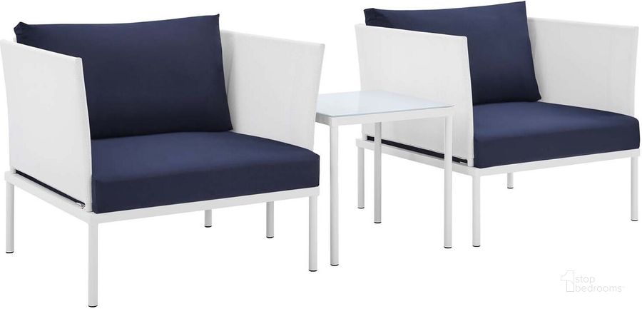 The appearance of Harmony 3-Piece Sunbrella Outdoor Patio Aluminum Seating Set In White Navy designed by Modway in the modern / contemporary interior design. This white navy piece of furniture  was selected by 1StopBedrooms from Harmony Collection to add a touch of cosiness and style into your home. Sku: EEI-4686-WHI-NAV-SET. Material: Polyester. Product Type: Outdoor Conversation Set. Image1