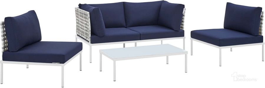 The appearance of Harmony 4-Piece Sunbrella Basket Weave Outdoor Patio Aluminum Seating Set In Navy EEI-4688-TAU-NAV-SET designed by Modway in the modern / contemporary interior design. This navy blue piece of furniture  was selected by 1StopBedrooms from Harmony Collection to add a touch of cosiness and style into your home. Sku: EEI-4688-TAU-NAV-SET. Material: Polyester. Product Type: Outdoor Conversation Set. Image1