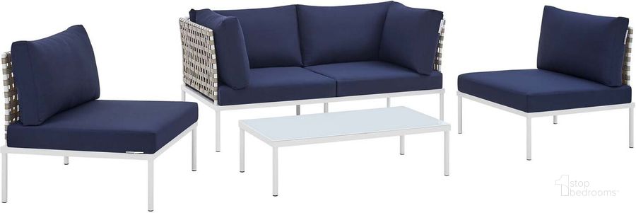 The appearance of Harmony 4-Piece Sunbrella Basket Weave Outdoor Patio Aluminum Seating Set In Navy designed by Modway in the modern / contemporary interior design. This dark blue piece of furniture  was selected by 1StopBedrooms from Harmony Collection to add a touch of cosiness and style into your home. Sku: EEI-4689-TAN-NAV-SET. Material: Polyester. Product Type: Outdoor Conversation Set. Image1