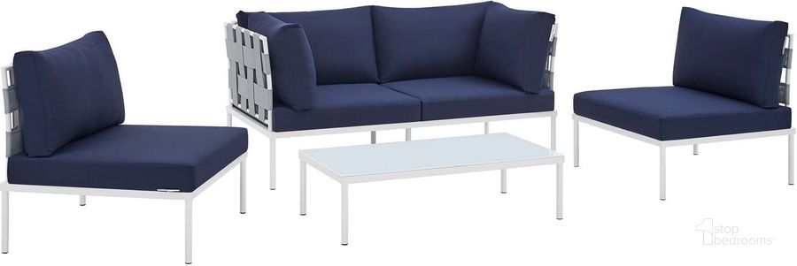 The appearance of Harmony 4-Piece Sunbrella Outdoor Patio Aluminum Seating Set In Gray Navy designed by Modway in the modern / contemporary interior design. This gray navy piece of furniture  was selected by 1StopBedrooms from Harmony Collection to add a touch of cosiness and style into your home. Sku: EEI-4691-GRY-NAV-SET. Material: Polyester. Product Type: Outdoor Conversation Set. Image1