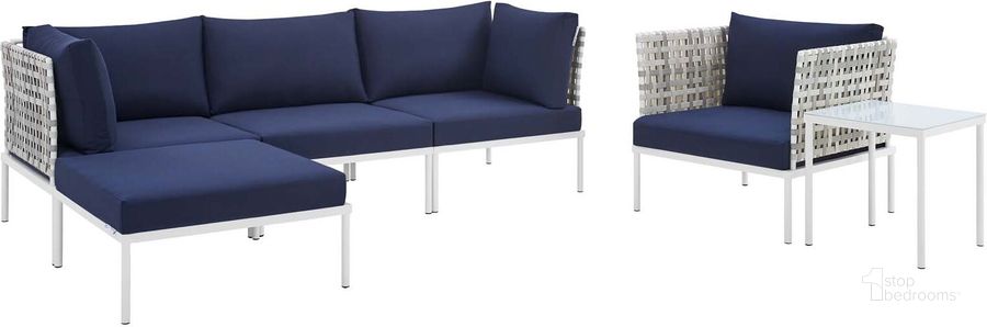 The appearance of Harmony 6-Piece Sunbrella Basket Weave Outdoor Patio Aluminum Seating Set In Navy EEI-4930-TAU-NAV-SET designed by Modway in the modern / contemporary interior design. This dark blue piece of furniture  was selected by 1StopBedrooms from Harmony Collection to add a touch of cosiness and style into your home. Sku: EEI-4930-TAU-NAV-SET. Material: Polyester. Product Type: Outdoor Conversation Set. Image1