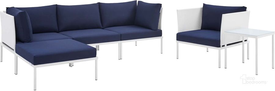 The appearance of Harmony 6-Piece Sunbrella Outdoor Patio Aluminum Seating Set In White Navy designed by Modway in the modern / contemporary interior design. This white navy piece of furniture  was selected by 1StopBedrooms from Harmony Collection to add a touch of cosiness and style into your home. Sku: EEI-4932-WHI-NAV-SET. Material: Polyester. Product Type: Outdoor Conversation Set. Image1