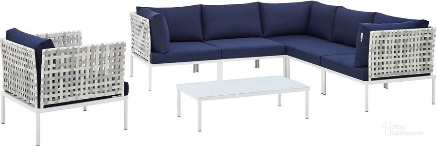 The appearance of Harmony 7-Piece Sunbrella Basket Weave Outdoor Patio Aluminum Sectional Sofa Set In Navy EEI-4934-TAU-NAV-SET designed by Modway in the modern / contemporary interior design. This navy piece of furniture  was selected by 1StopBedrooms from Harmony Collection to add a touch of cosiness and style into your home. Sku: EEI-4934-TAU-NAV-SET. Material: Polyester. Product Type: Outdoor Sectional. Layout: L-Shape. Image1