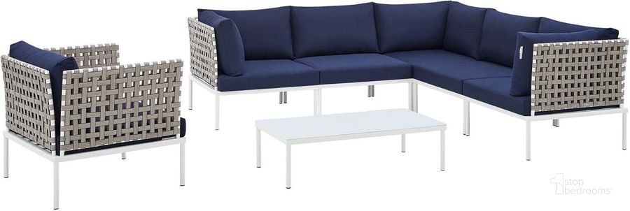The appearance of Harmony 7-Piece Sunbrella Basket Weave Outdoor Patio Aluminum Sectional Sofa Set In Navy designed by Modway in the modern / contemporary interior design. This dark blue piece of furniture  was selected by 1StopBedrooms from Harmony Collection to add a touch of cosiness and style into your home. Sku: EEI-4935-TAN-NAV-SET. Material: Polyester. Product Type: Outdoor Sectional. Layout: L-Shape. Image1