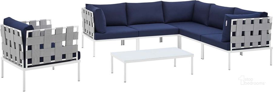 The appearance of Harmony 7-Piece Sunbrella Outdoor Patio Aluminum Sectional Sofa Set In Gray Navy designed by Modway in the modern / contemporary interior design. This gray navy piece of furniture  was selected by 1StopBedrooms from Harmony Collection to add a touch of cosiness and style into your home. Sku: EEI-4937-GRY-NAV-SET. Material: Polyester. Product Type: Outdoor Sectional. Layout: L-Shape. Image1