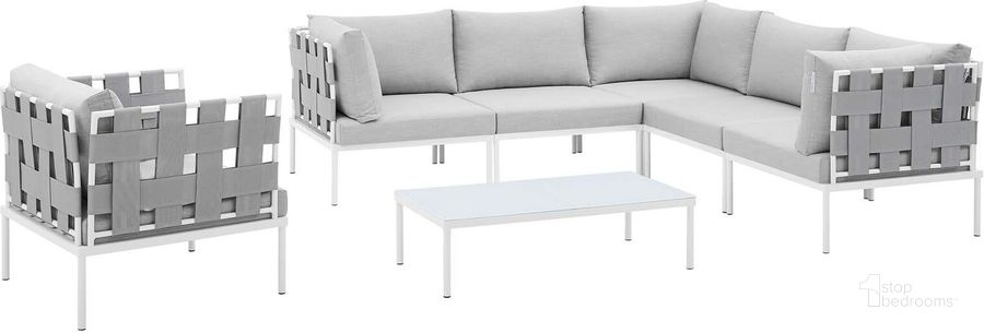 The appearance of Harmony 7-Piece Sunbrella Outdoor Patio Aluminum Sectional Sofa Set In Gray designed by Modway in the modern / contemporary interior design. This gray piece of furniture  was selected by 1StopBedrooms from Harmony Collection to add a touch of cosiness and style into your home. Sku: EEI-4937-GRY-GRY-SET. Material: Polyester. Product Type: Outdoor Sectional. Layout: L-Shape. Image1