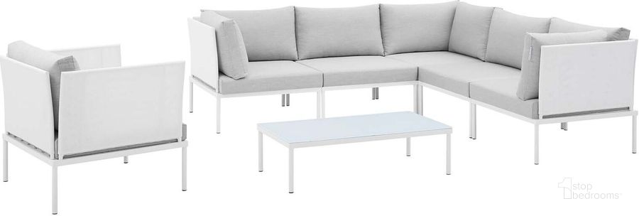 The appearance of Harmony 7-Piece Sunbrella Outdoor Patio Aluminum Sectional Sofa Set In White and Gray designed by Modway in the modern / contemporary interior design. This white and gray piece of furniture  was selected by 1StopBedrooms from Harmony Collection to add a touch of cosiness and style into your home. Sku: EEI-4936-WHI-GRY-SET. Material: Polyester. Product Type: Outdoor Sectional. Layout: L-Shape. Image1